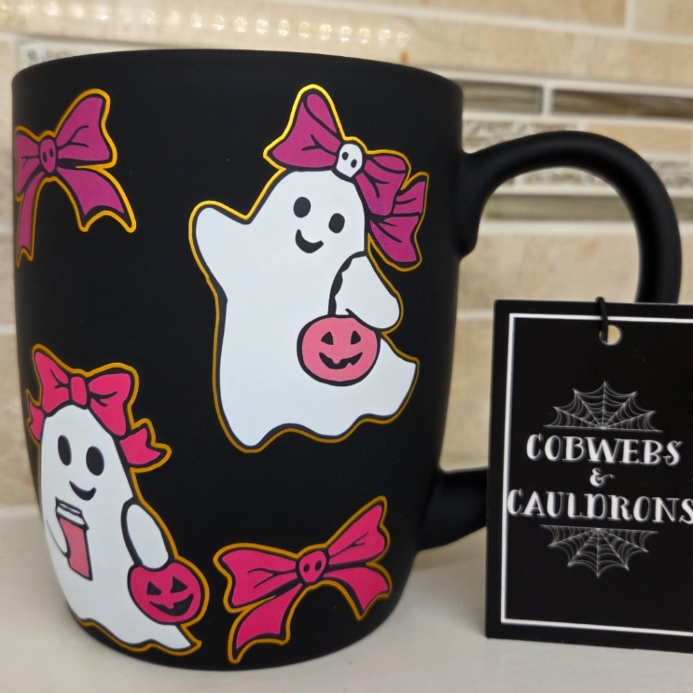 *NEW* Ghost Mug Black w/ Pink Bows Coffee Cup Halloween Cobwebs & Cauldrons 2025